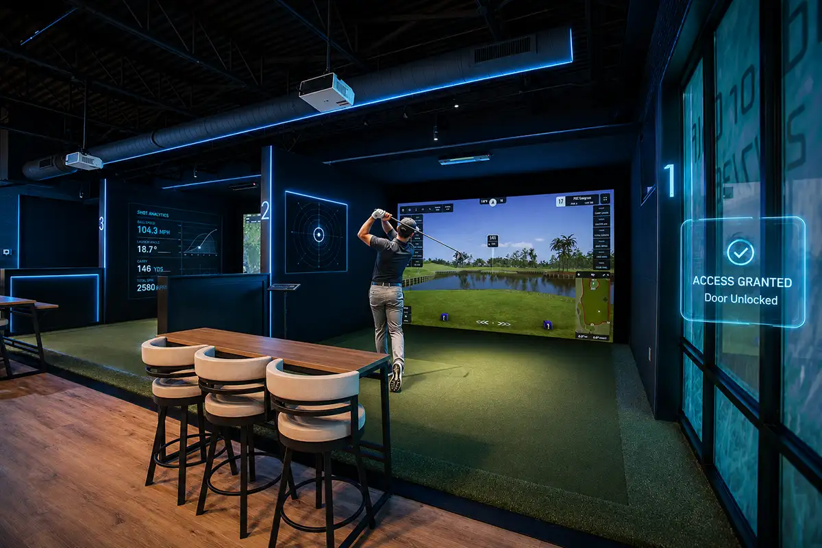Inside Golffice — a members-only golf simulator suite, lit and running with no staff on site